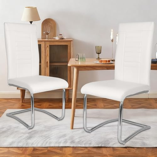 Mingone Esszimmerstühle 2er Set Küchenstuhl Modern Schwingstuhl Freischwinger Stühle Polsterstuhl mit Hoher Rückenlehne für Küchen Restaurant Büro, Weiß