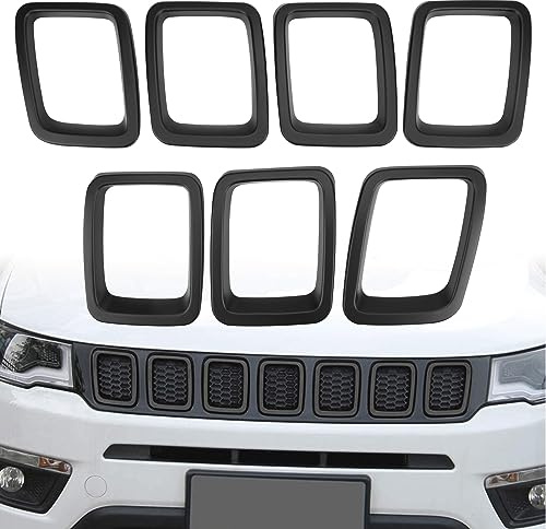 Anillos de parachoques delantero, inserto de parrilla, cubierta de moldura compatible con Jeep Compass MP 2017-2020, cubiertas de parrilla del radiador, inserta molduras de marco, 7 piezas (negro mate