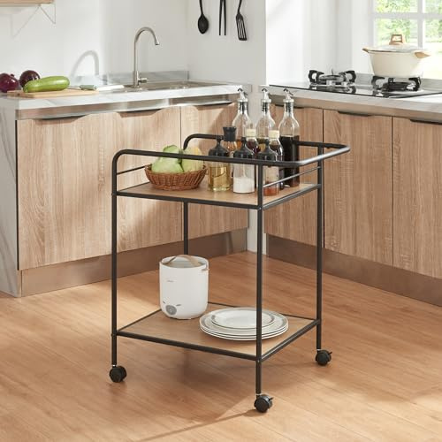 [en.casa] Servierwagen Hole Küchenwagen mit Rollen Beistellwagen Rollwagen mit 2 Ablagen Metallgestell Rollregal Badregal 72 x 62 x 45 cm Schwarz/Eiche-Optik