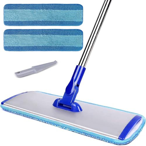 Balai de nettoyage professionnel en microfibre de 45,7 cm, balai plat avec poignée en acier inoxydable, 2 serpillères réutilisables et lavables et serpillères en microfibre pour le nettoyage du