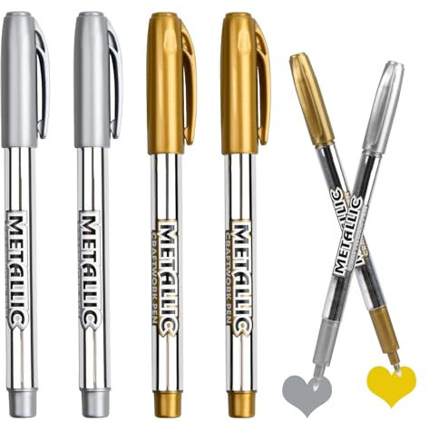 4 Stück Gold Silber Metallic Marker Stifte Set, Goldstift Glänzende Highlight Marker Stifte, 1.5 mm Feine Spitze Permanente Acrylmarker für Kartenherstellung, Malerei, Album, DIY Basteln, Dekorationen