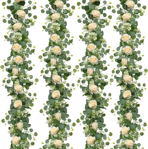 Dremisland 4PCS /24 FT Artificial Eucalyptus Flower Garland Summer Decor Champagne Rose Garland Silk Flowers Fake Eucalyptus Plants Faux Vines Greenery Christmas Garlands for Wedding Table Runner
