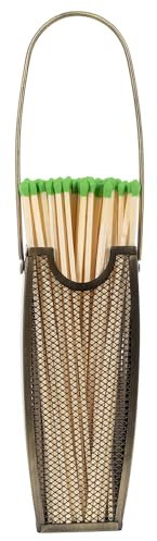 Match Stick Holder in Aged Brass | Decorative Mesh Metal Storage Bucket, Caddy, Basket for Long Matchsticks | Home Décor for Fireplace, Wood-Burning Stove, or BBQ Grill | Matches Not Included