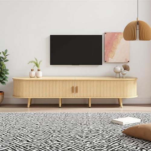 LINKHOO Meuble TV Noyer, Meuble TV de Salon avec Espace de Rangement + Plateau Rond MDF veiné Bois 2 tiroirs, capacité de Charge 30KG Taille 175 x 40 x 42cm