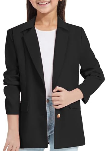 2026 - Chaqueta blazer para niña, manga larga, cuello de solapa con bolsillo interior, frente abierto, traje blazer casual para niños camisetas de manera, Negro , 7-8 años