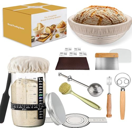 Sourdough Starter Kit, Sourdough Kit Include Banneton Proofing Basket, Sourdough Starter Jar, Bread Lame, Dough Scraper, Dough Whisk Scraper and Silicone Bread Sling