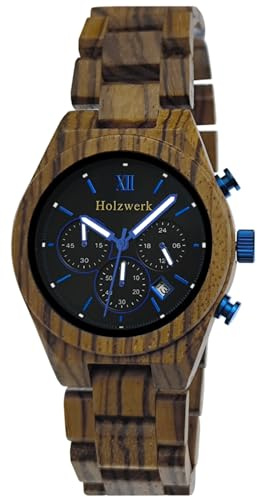Holzwerk Germany Handgefertigte Designer Herren Öko Natur Holz Uhr Chronograph Armband Analog Quarz Zebra Braun Blau Datum Holz