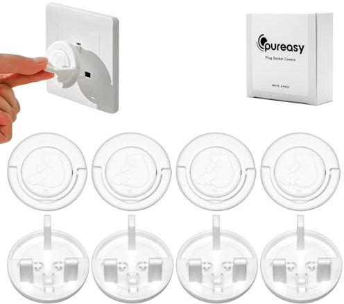 PUREASY 8-Pack Plug Socket Covers UK, White ABS Socket Covers with Hidden Pull Ring & Cute Bear Design, Baby Plug Socket Covers UK Child-Proof, Durable Safety Plug Covers for Sockets UK