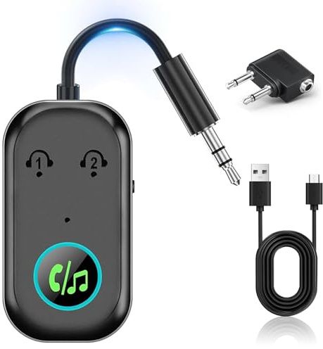 Adaptador Bluetooth 5.3 2 en 1 Transmisor Receptor, Conector AUX 3,5 mm, Conexión Dual & Reducción de Ruido CVC, Carga Tipo C para Avión, TV, Coche, Auriculares y Altavoces