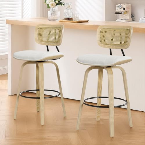 BERYTH 2er Set Barhocker mit Lehne, Barstuhl 360° Drehbar, Leinenbezug & Rattan-Rückenlehne, Massivholzbeine, Sitzhöhe 65 cm, Moderne Barstühle für Kücheninsel, Tresen, Café, Kneipe Esszimmer Weiß