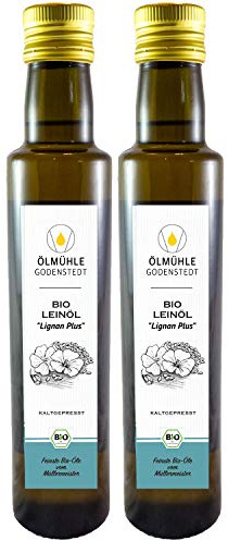 Bio Leinöl Lignan Plus 1000ml (2x500ml) | stets frisch kaltgepresst aus Bio Leinsaat, milder Geschmack | mit Öko-Strom in Deutschland hergestellt, direkt aus der Ölmühle Godenstedt - kurze Wege