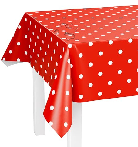 LILENO HOME Bordsduk tvättbar som metervara 240 x 140 cm (skärkant) i röda prickar – vaxduk vattenavvisande perfekt som bordsduk eller bordslöpare för öltält-set