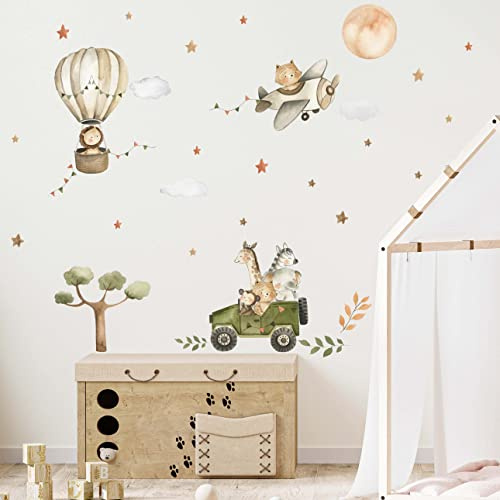 WANDKIND Safari Tiere Afrika Wandtattoo Safari Kinderzimmer V368 | handgezeichnet | AUFKLEBER Kindergarten | Wandsticker Dschungel mit Löwe Elefant Giraffe Zebra (100 x 100 cm)