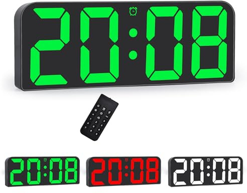 U-Picks Große Digitale Wanduhr Mit Adapter, LED-Uhr Mit Großem Zahlendisplay, Einstellbarer Helligkeit, DREI Weckern, Leise Tischuhr für Wohnzimmer Garage - Grün