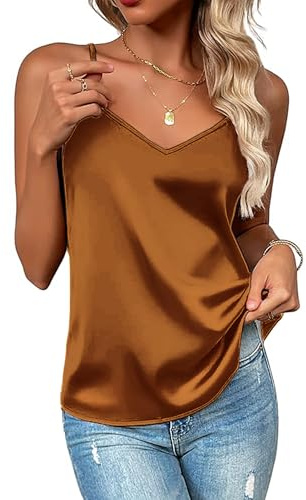 Zeagoo Donna Top in Raso Elegante Gilet Camicette di Seta Canotta con Scollo A V Senza Maniche Estivo Basic Marrone M