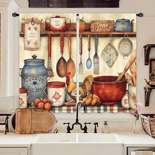 Miyotaa Lot de 2 rideaux de fenêtre de cuisine rustiques 69,9 cm l x 99,1 cm H avec passe-tringle coq poule - Ustensiles vintage - Petite porte courte - Décoration de salle de bain