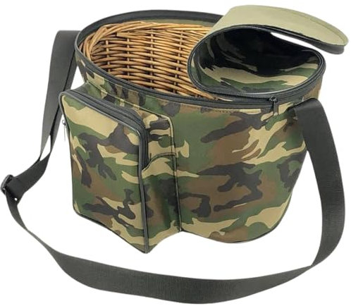 acquaverde | Borsa a Tracolla Portafunghi Professionale, con Tasca, Verde Mimetico, Cesto in Vimini per Raccolta Funghi e Pic-Nic - cm. 38x28x22