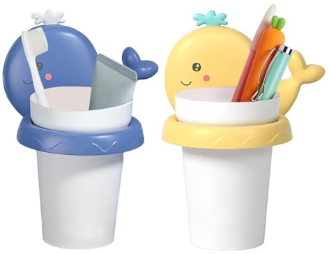 Zahnbürstenhalter, Jicyor 2 Stück Zahnbecherhalter für Kinder Niedliche Kinderzahnbürstenhalter Mit Tasse Zahnbürstenbecher ohne Bohren Zahnbürstenregal Aufbewahrungsbecher (Wal - Blau Gelb)