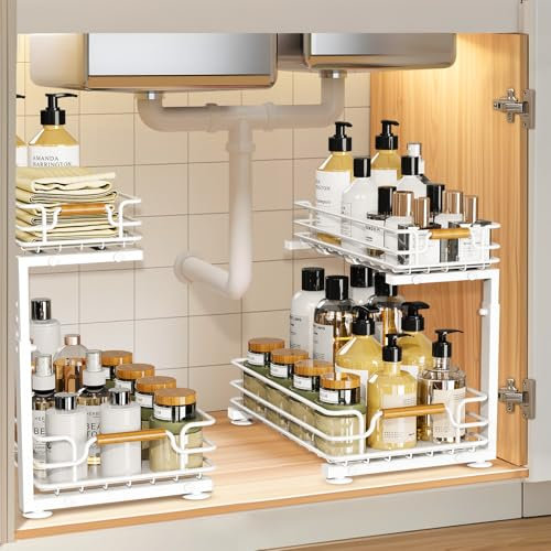 JYPS 2 Paquete Organizador Bajo Fregadero, 2 Niveles Metal Extraible Mueble Fregadero Armario Limpieza, Altura Regulable Estantería bajo Fregadero,Baño,Cocina(Blanco)