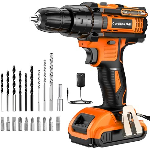 Taladro Percutor a Bateria 21V, Taladro Atornillador Bateria con 2.0Ah Batería, Atornillador Electrico 42Nm, 25+3 Ajuste de Par, 22 Accesorios, 2 Velocidad, LED Luz Para Hogar, Bricolaje