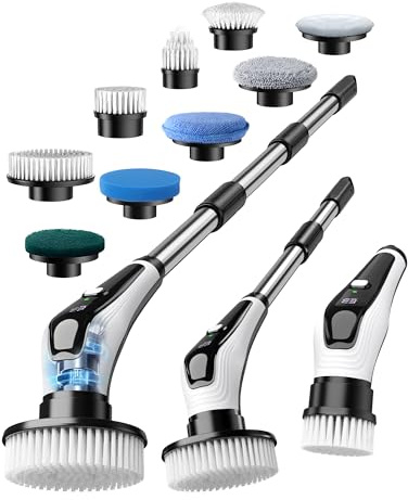 Elektrische Reinigungsbürste mit 9 Wechselbürsten Elektrisch Fugenbürste Vollkörper-IPX8-Wasserdicht Electric Spin Scrubber mit Verstellbarem Griff 2 Geschwindigkeiten für Badzimmer Küche Auto Fußbode