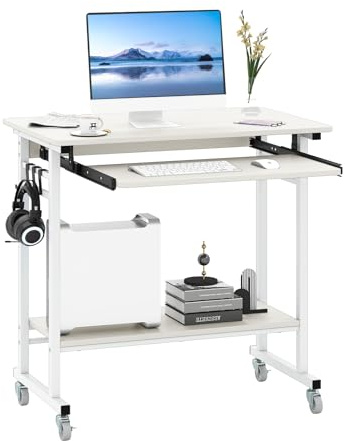 COSTWAY Mesa Escritorio con Ruedas, Escritorio Industrial con Bandeja Extraíble para Teclado, 3 Ganchos, Estante de Almacenamiento, Mesa de Ordenador 80 x 50 x 78 cm (Blanco)