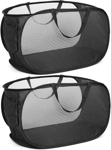 2 Pezzi Cesto Portabiancheria Pieghevole 75L – pop up cesto biancheria sporca 36×36×58 cm con manico, borsa lavanderia in rete traspirante, portabiancheria salvaspazio per bagno, dormitorio, Nero