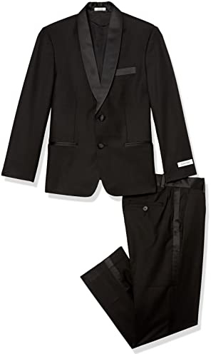 Calvin Klein Boys' 2-piece Formal Tuxedo Suit Set, Includes Jacket & Dress Pants, Satin Trim Detailing & Functional Pockets, Black, 18