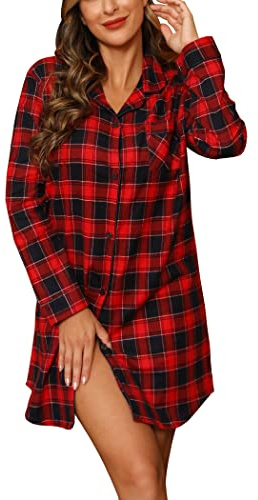 ENJOYNIGHT Camicia da notte da donna in flanella a maniche lunghe maglietta da notte con bottoni pigiama corto S-XXL, S