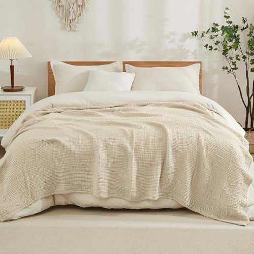 EMME, Coperta in mussola di cotone per letto matrimoniale, morbida, grande, a 6 strati, 203 x 228 cm, leggera e traspirante, per tutte le stagioni, colore cuoio chiaro
