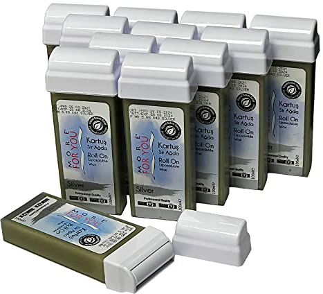More For You - Silver (Silber) Warmwachspatronen - Haarentfernung - Enthaarungswachs mit Rollkopf, Roll-On Liposoluble Wax 100ml (12 Stück) (Silver)