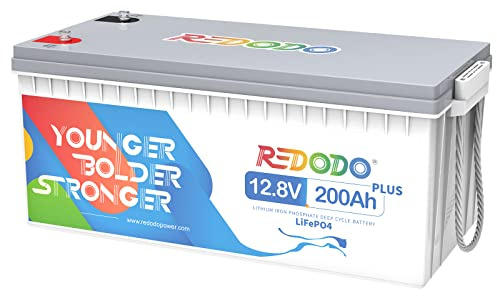 Redodo Bateria Litio 12V 200Ah Plus 2560Wh Bateria LiFePO4 con Incorporada 200A BMS 4000-15000 Ciclo 10 Años Vida Útil Peso Neto 20,68kg Bateria 12V para Autocaravana Sistema Solar Barco