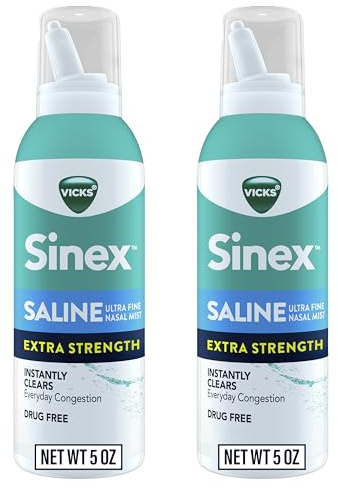 VICKS Sinex Saline Extra Strength Nasal Spray, 3X Concentrated* Drug Free Ultra Fine Mist, Instantly Clears Mucus, Ultra Concentrated to Clear Congestion Fast, Safe For Daily Use, 5 OZ x 2