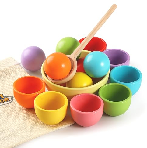 Biticolor Montessori größerer Ball in der Schale Farbe Sortierspielzeug für Kleinkinder hölzerne Regenbogen Ball Farbe Matching Toy - 7 Ball 46mm