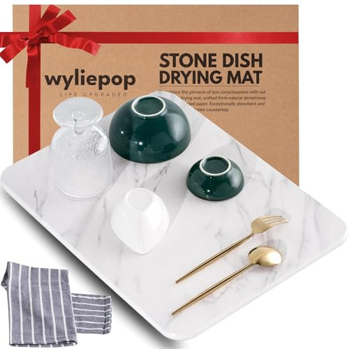 Wyliepop Stone Dish Drying Mat with included Kitchen Towel - Drying Mat for Dishes, Glassware, and Utensils, Quick Dry Heat Resistant Diatomaceous Earth Stoneware, Heavy-Duty and Super Absorbent