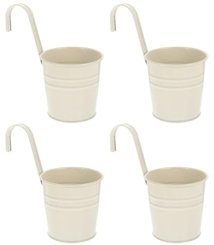 Wensmy 4PCS Metal Hanging Plant Flower Pots with Drainage Hole Fence Balcony Railing Planters Outdoor Garden Pots with Detachable Hooks (Milk White)