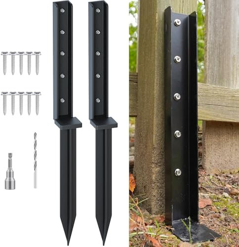 CKLT One-Piece Fence Post Repair Kit 2-Pack Heavy Duty Post Anchor 32in Metal Sturdy Ground Stakes for Repairing Tilted and Broken Wooden Fence, Black