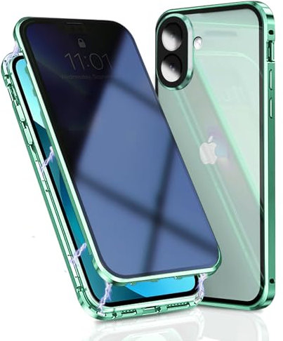 OMGZONE Privacy Case for iPhone 16 Plus Magnetic Cover,Screen Protector built-in Anti-peep Tempered Glass Full Cover with Camera Protector,360 Degree Metal Bumper Case for iPhone 16 Plus,Green