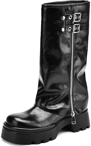 TEAIEUI Knee High Boots Women Chunky Platform Moto Riding Boots Slouchy Fold Over Wide Calf Motorcycle Biker Boots for Women with Fashion Buckle Black 11
