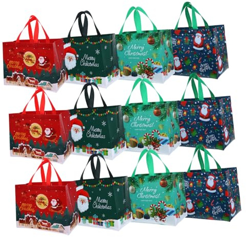 SEWOART 12stücke Mittelgroße Geschenktüten aus Vliesstoff für Weihnachten Wiederverwendbare Tragetaschen mit Weihnachtsmotiven für Snacks Kleinigkeiten und Geschenke