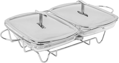 KARL HAUSMANN Wärmebehälter für Speisen mit Glaseinsatz - 4L - Teelicht Warmhalteplatte - Edelstahl Gestell und Deckel mit Griff - Speisenwärmer - Warmhaltebehälter Essen - Chafing Dish Behälter