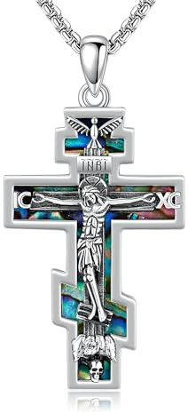 DAYLINLOVE Kreuz Kette 925 Sterling Silber Orthodoxe/Betende Hände/Caravaca Holz Abalone Muschel Schwarzer Onyx Anhänger Halskette Christliche Religion Schmuck Geschenke für Damen Frauen Mädchen