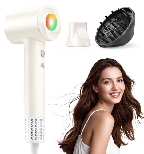 Ionen Föhn mit Diffusor - Haartrockner Schnelles Trocknend 150.000 U/min, Fön mit 500 Mio. Negative Ionen, 8 Temperatur-Stufen mit LED, für Locken/Dicke Haare, Reisen, Zuhause, Salon