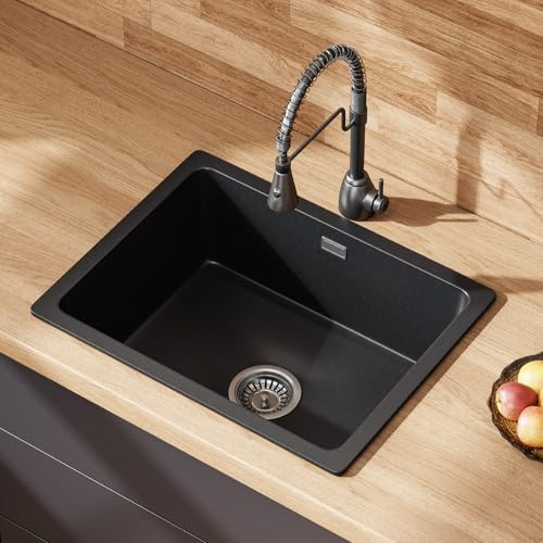 HOROW Granit Spülbecken Schwarz 56 × 43 cm, Küchenspüle Kratzfeste, Spüle mit Imprägnierung, Eckiges Granitspüle, Waschbecken Küche Reinigungsfreundliche Öberfläche, Einbauspüle Inkl. Siphon-Set