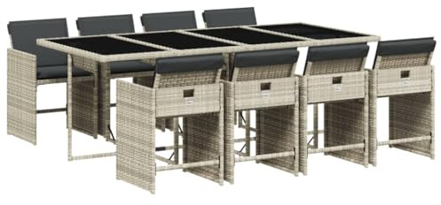 HFXHIJXQ 9-TLG. Garten-Essgruppe 220 x 106 x 73 cm Poly-Rattan Tisch mit 8 Klappstühlen Anthrazit-Kissen wetterfest platzsparendes Balkonset für Terrasse Garten & Überdachte Outdoor-Bereiche