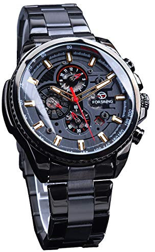 FORSINING Mens Automatic Watch,Black Dial Skeleton Date Watches Fashion Mechanical Self-Winding Wrist Watch Stainless Steel Luminous