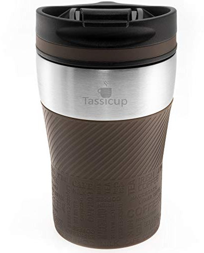 Tassicup Taza térmica de 250 ml, taza isotérmica, taza de café, taza de viaje, de acero inoxidable, café para llevar, café, té, taza móvil, tapa a prueba de fugas con cierre de clip, color marrón