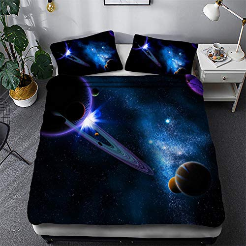 Timiany Sängkläder 3D Galaxis mikrofiber påslakan 155 × 200 sängkläder set 3 delar, påslakan med dragkedja och 2 örngott 50 x 75 cm (yttre utrymme, 155 x 220 50 x 75)