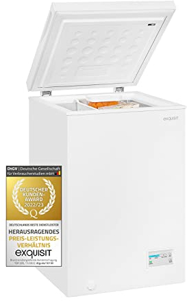 Exquisit® Congelador Horizontal, 98L, Clase E, Color Blanco, Enfriamiento Rápido, Tiradores Integrados, Ruedas y Regulacion de Altura, Consumo 168 kWh/año, Medidas 84,5x54,5x54,5 Cm.