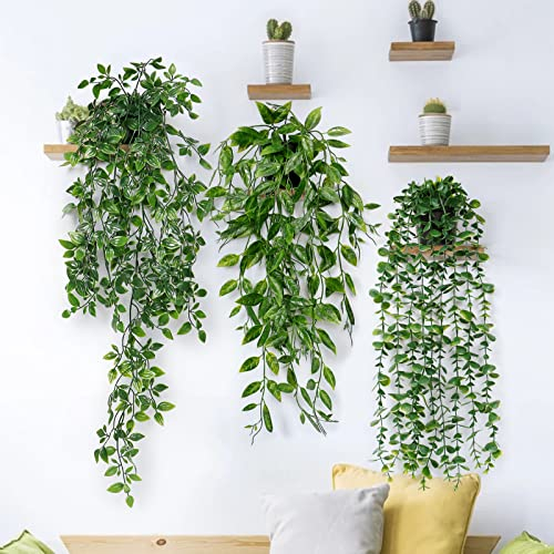Dremisland Artificial Plant Eucalyptus - Set of 3 Decorative Artificial Hanging Plants with Pots Fake Ivy Vines Greenery Faux Trailing Plants for Home Garden Office Shelf Wall Decoration